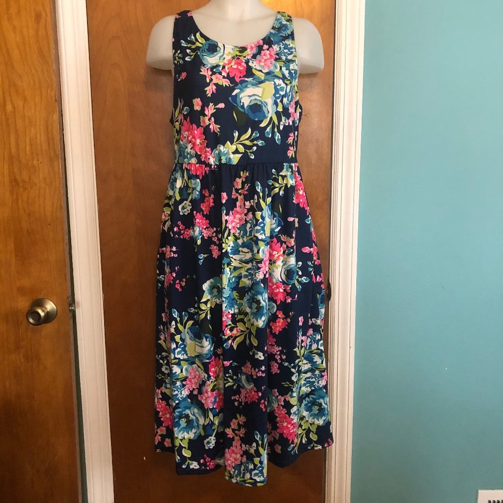 OURS FLORAL NAVY RACERBACK KNEE LENGTH SOFT DRESS